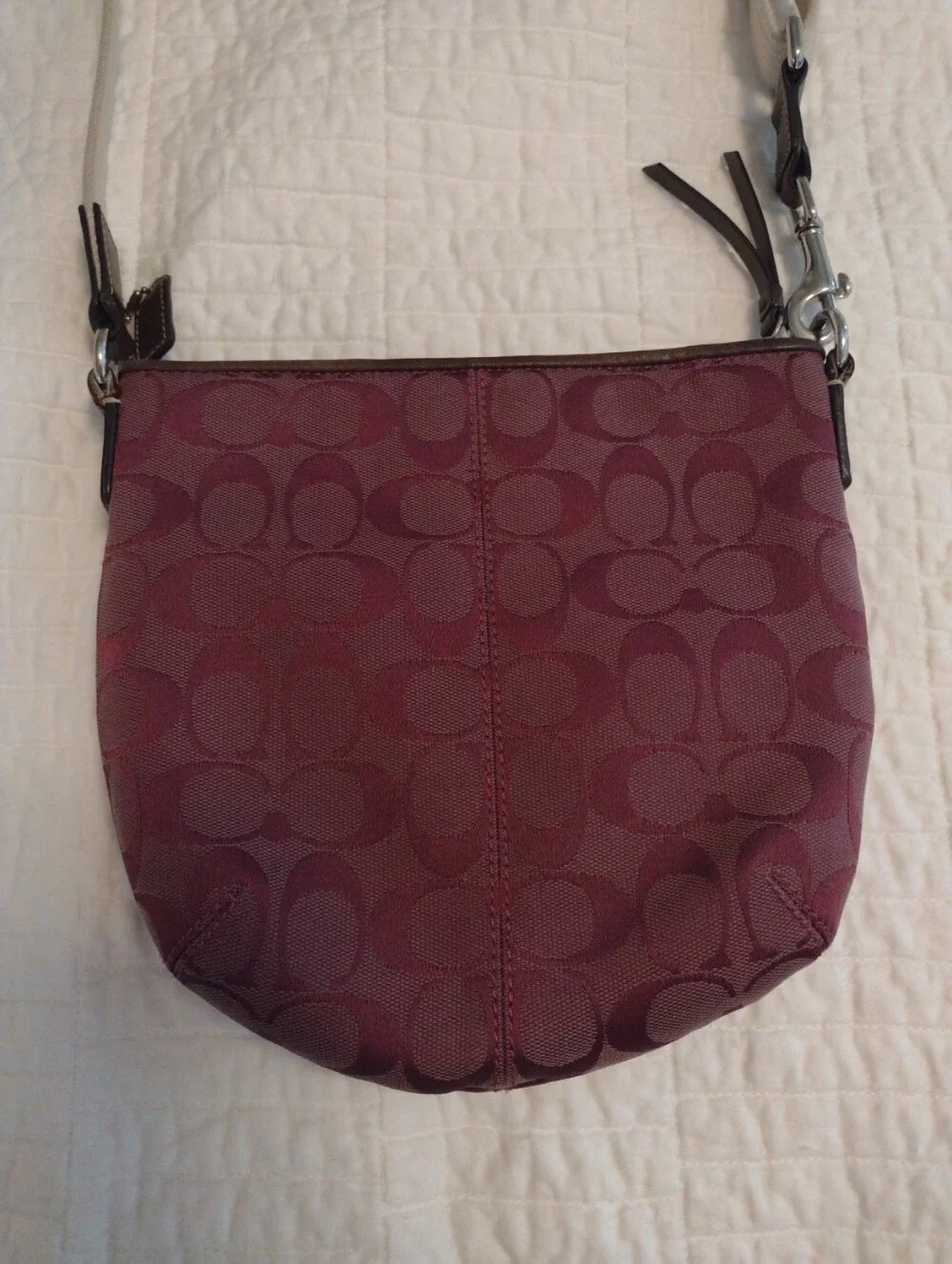 Coach Purple Signature Logo Crossbody Bag Zip Top Adjustable Strap Silver Brown